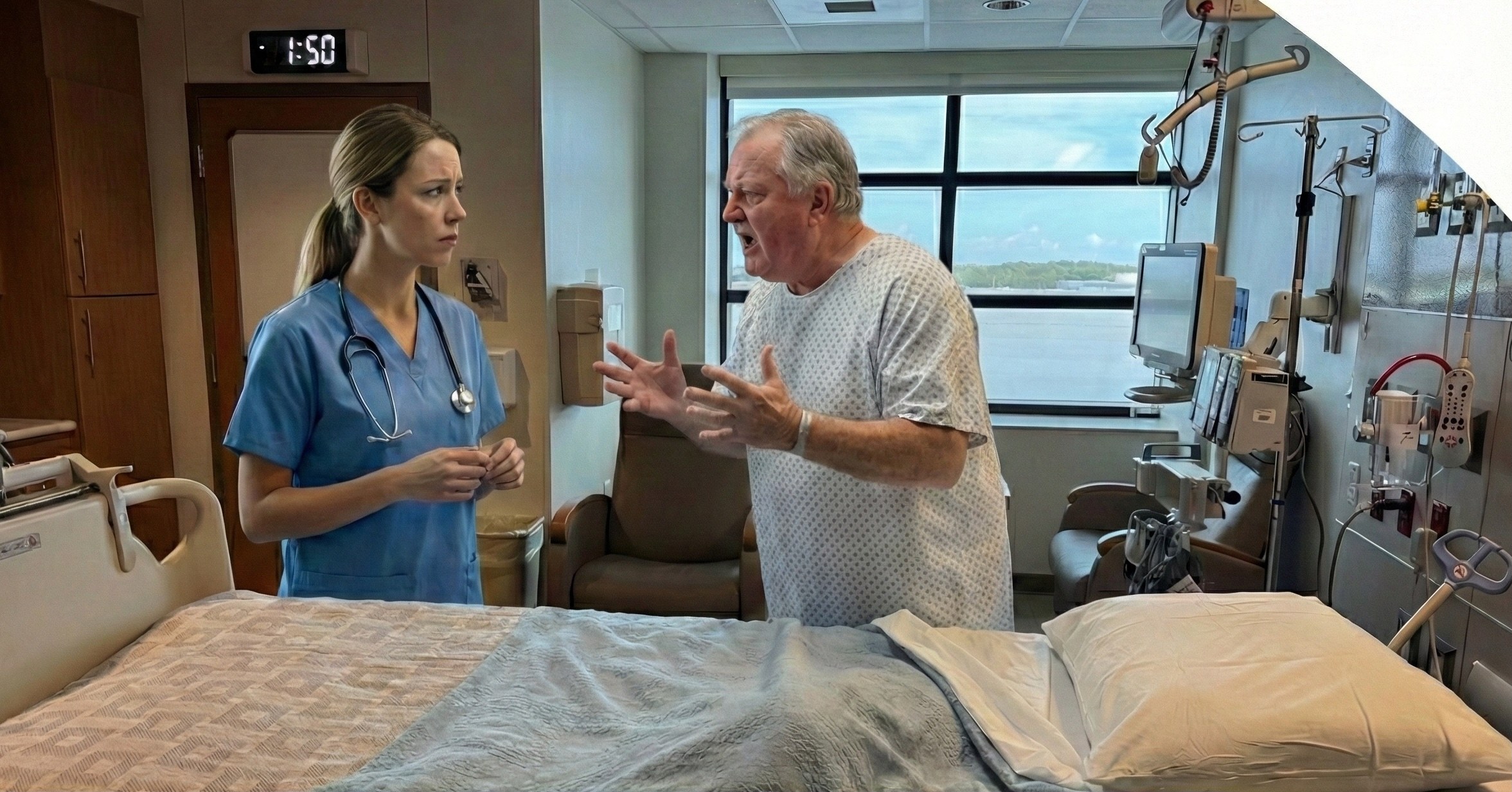 An agitated patient gestures toward a calm nurse in a hospital room