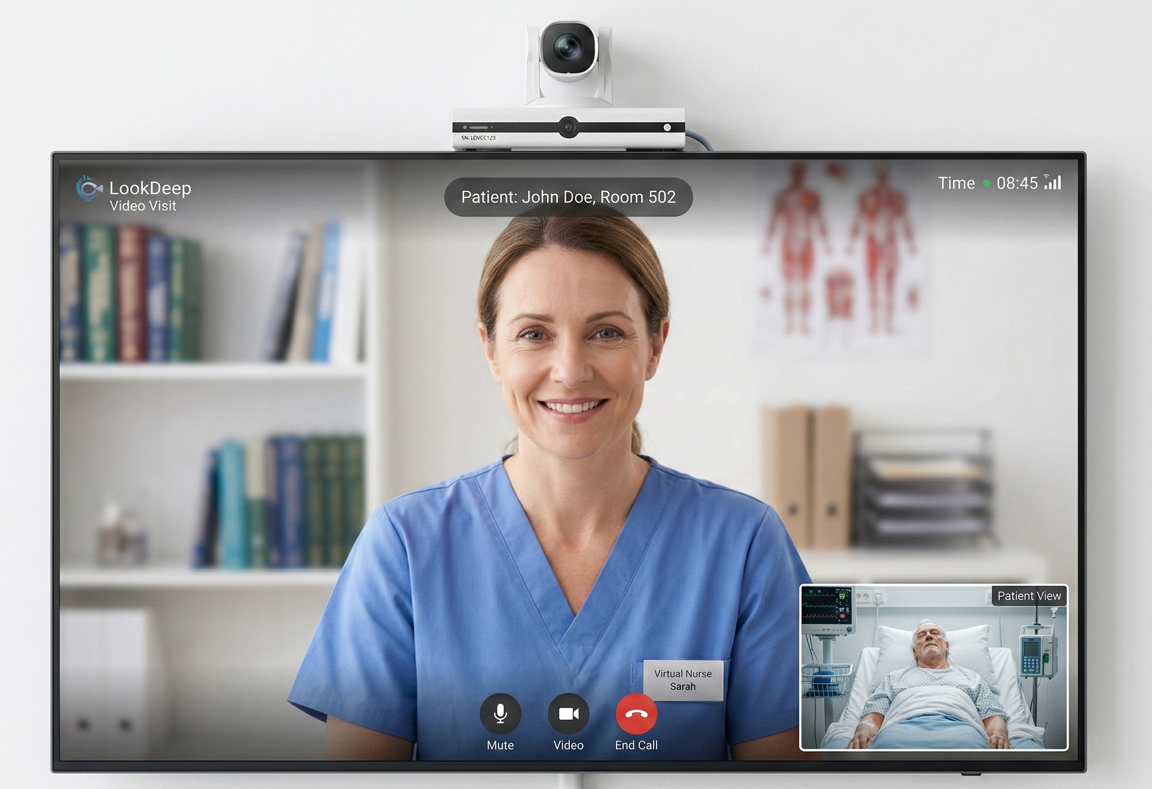 A LookDeep camera mounted above the display in a patient room