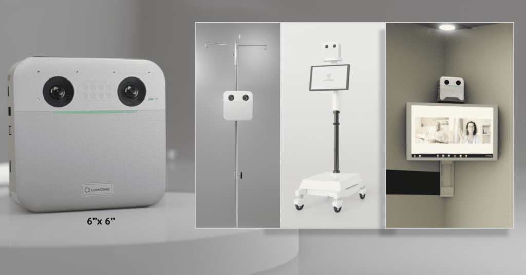 LookDeep Inpatient Monitor shown mounted in different positions, shown on a coat hanger, trolley, and zoom monitor