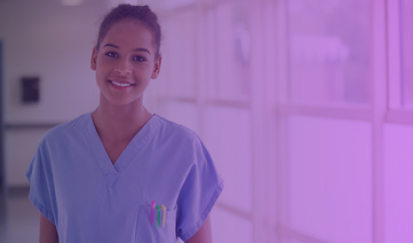 Nurse Smiling looking straight at the camera with a purple gradient overlay